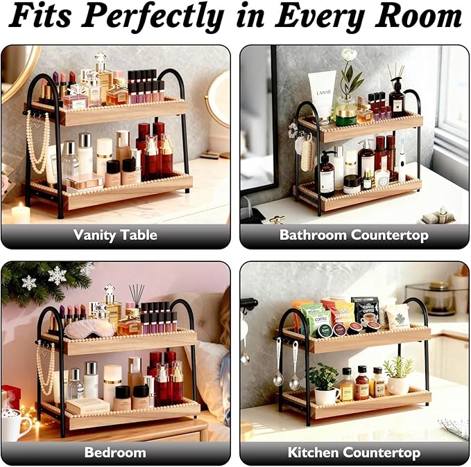 2-Tier Large & Medium Perfume Organizer with 8 Hooks for Jewelry, Bathroom Countertop & Vanity Tray Makeup Shelf - Space Saving Wooden Storage for Skincare, Dresser, Kitchen Decor(Black & Light Brown)