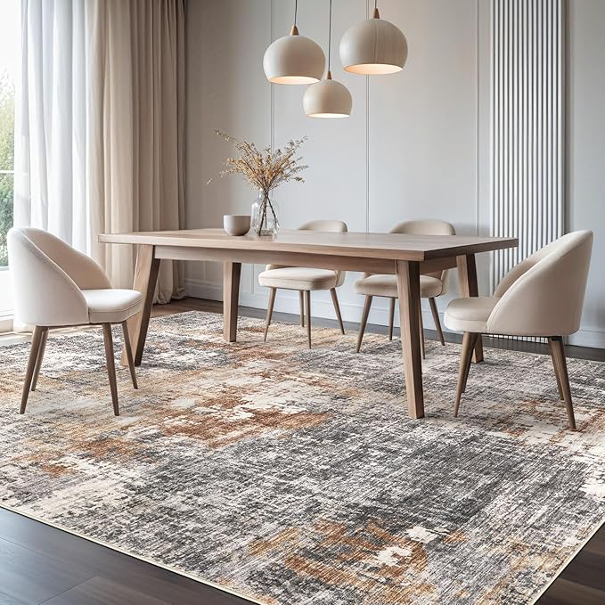 Area Rug Living Room Rugs - 12x15 Washable Large Soft Indoor Neutral Modern Abstract Low Pile Rug Carpet for Bedroom Dining Room Farmhouse Home Office - Grey Brown
