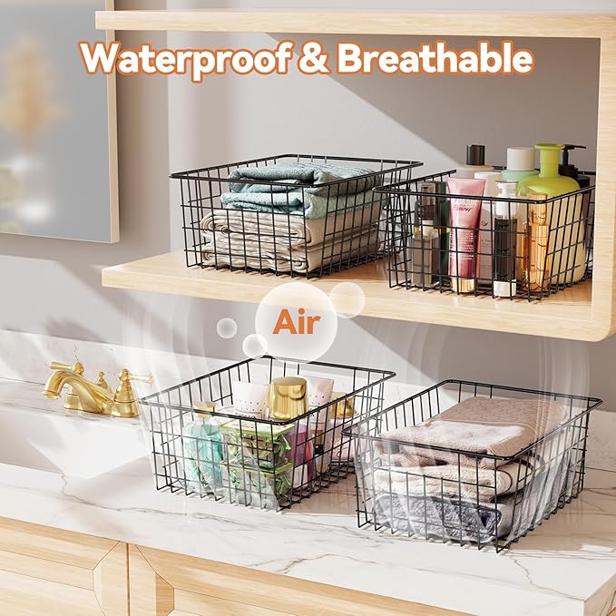 Extra Large Wire Baskets 6 Pack, Sturdy Metal Basket Storage Bin with Handle, Pantry Organization for Kitchen Cabinet, Black