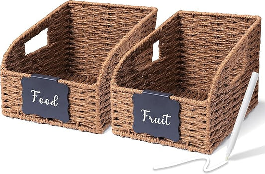 Wicker Baskets for Organizing,Pantry, Kitchen Counter with Handles, Handwoven Woven Storage Baskets for Fruit, Bread, Vegetable, Paper Storage Bins for Shelves, 2 Pack, Small Brown 2 Set