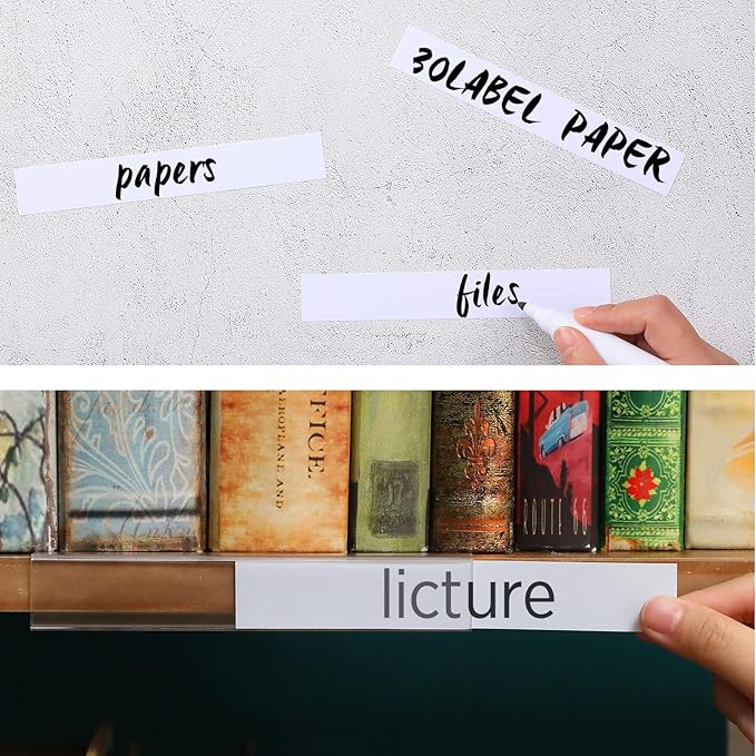 Teling 30 Pieces Shelf Label Holder, Clear Plastic 0.875'' x 6'' Shelves Clip Wood Tags Ticket Sign Label Metal Holders for 0.75'' Thick Shelves Includes Matched Blank Inserts Offices Libraries
