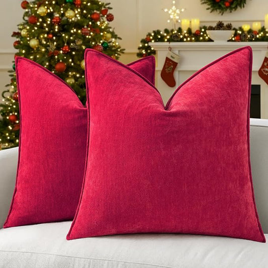 decorUhome Spring Couch Throw Pillow Covers 16x16 Set of 2, Decorative Soft Velvet Modern Cozy Chenille Pillow Cases with Elegant Design for Sofa Bed Living Room Home Decor, Red