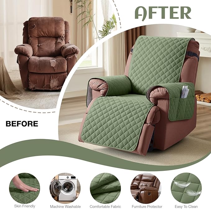 KinCam 100% Waterproof Recliner Chair Cover, Reclining Couch Covers for Pets, Dogs, Recliner Couch Slipcover Furniture Protector with Elastic Straps for Kids(28", Cactus Green)