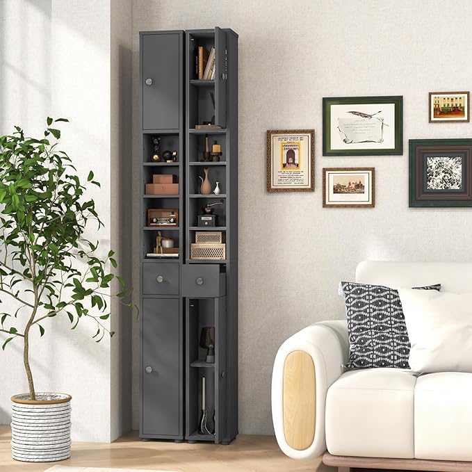 Giantex Slim Bathroom Storage Cabinet - 71” Tall Narrow Floor Cabinet Cupboard with 2 Doors, 5 Adjustable Shelves, 1 Drawer, Anti-Tipping Device, Thin Linen Tower Cabinet for Living Room (2, Grey)