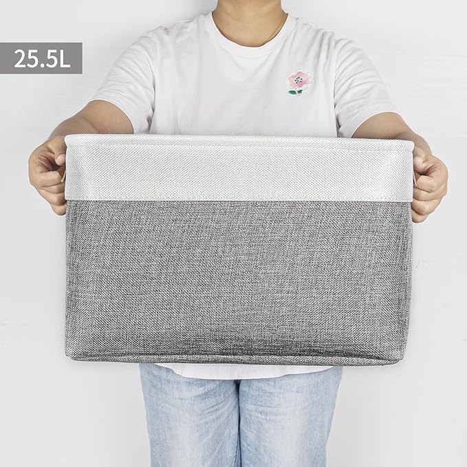 Storage Bins Large Fabric Storage Baskets for Shelves 3 Pack, Decorative Linen Closet Baskets with Handles for Organizing, Shelf, Clothes, Home, Office, 15x11x9.5Inches (Grey&White)