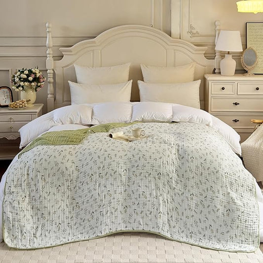 Muslin Throw Blanket 100% Cotton 6-Layer Gauze Floral Pattern Cooling Blanket Lightweight Soft Breathable Quilt for All Season Both Sides for Sofa Couch (Leaves Green, Throw 50"x60")