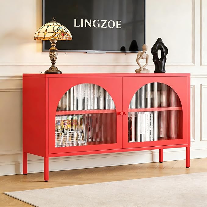 Metal TV Stand, Modern Storage Cabinet with 2 Acrylic Doors, Display Hallway Cabinet with Adjustable Shelf, Living Room Storage Cabinet for Home,Office,Entryway,Dining Room,Bedroom,Red