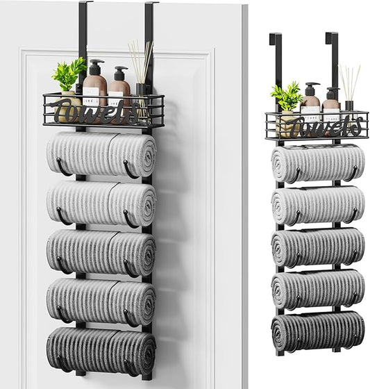 SWTYMIKI Hanging Towel Racks for Bathroom - 6 Tier Over The Door & Wall Mounted Bath Rolled Towel Storage Organizer Holder for Small Bathroom, RV, Camper, Black (Patented)