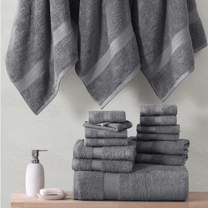 LANE LINEN 100% Cotton Towels for Bathroom - 18 Piece Family Pack - Super Soft & Quick Dry - 4 Bath, 8 Washcloth, 6 Hand Towels - Oeko TEX Certified, Machine Washable & Durable - Cool Grey