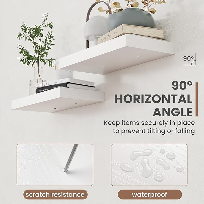 24 Inch Floating Shelves, 8 Inch Deep Floating Shelves for Wall, Hanging Shelf with Invisible Brackets, Deep Shelves for Bathroom, Bedroom, Living Room, White, Set of 2