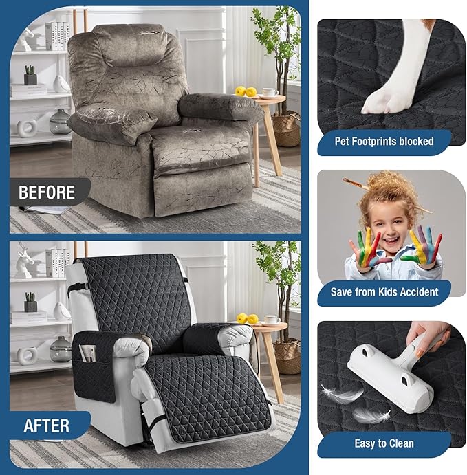 TAOCOCO 100% Waterproof Recliner Cover - Recliner Cover with Non-Slip Granule, Recliner Chair Covers with Elastic Band, Recliner Chair Covers for Reclining Chair(Black, Medium-25'')