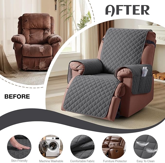 KinCam 100% Waterproof Recliner Chair Cover, Reclining Couch Covers for Pets, Dogs, Recliner Couch Slipcover Furniture Protector with Elastic Straps for Kids(28", Charcoal Gray)