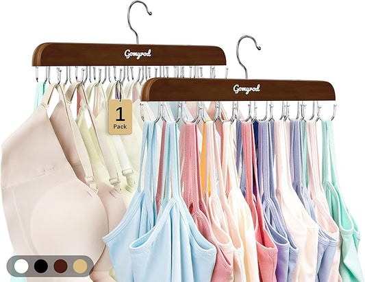 Bra Hanger for Closet, 1 Pack Tank Top Hanger w/20 Hooks Capacity Foldable Wood Space Saving Hangers, 360°Rotating Closet Organizers and Storage for Dorm & Apartment for Bra Scarf Ties(Brown)