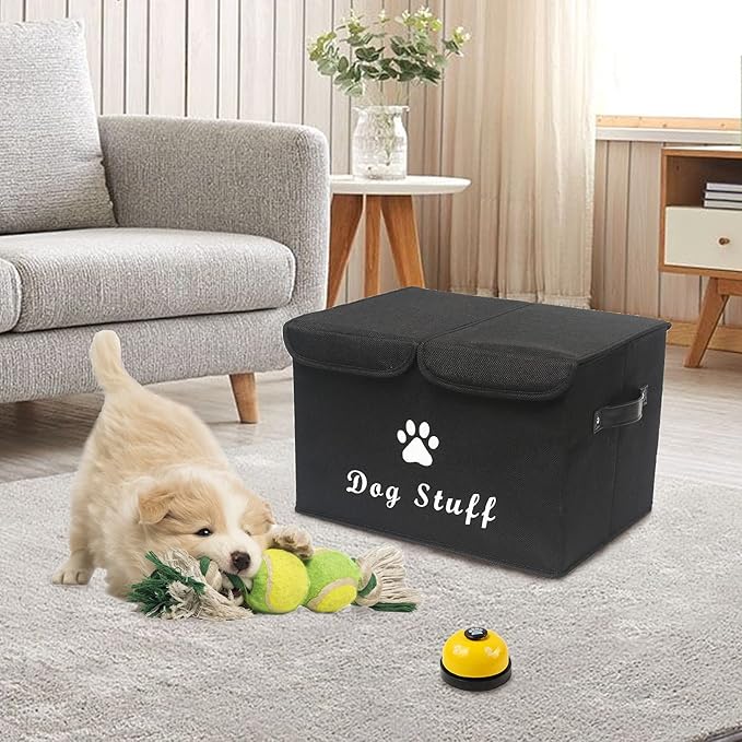 Geyecete Large Storage Boxes - Large Linen Fabric Foldable Storage Cubes Bin Box Containers with Lid and Handles for Dog Apparel & Accessories, Dog Toys(Black)