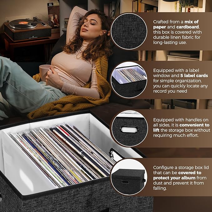 Vinyl Record Storage Box Set of 2 - Album Storage Holds 100+ Single Records, Decorative LP Storage Organizer Crate with Lid, Sturdy Moving Boxes for Vinyl, Easy to Carry and Organize Your Music Album