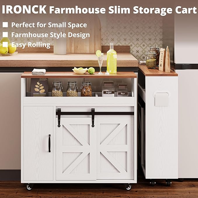 IRONCK Toilet Paper Cabinet, Slim Bathroom Cabinet with 4 Rolling Wheels, Farmhouse Slim Storage Cart with Paper Holes, Sliding Doors and Adjustable Shelf for Small Space, White/Walnut
