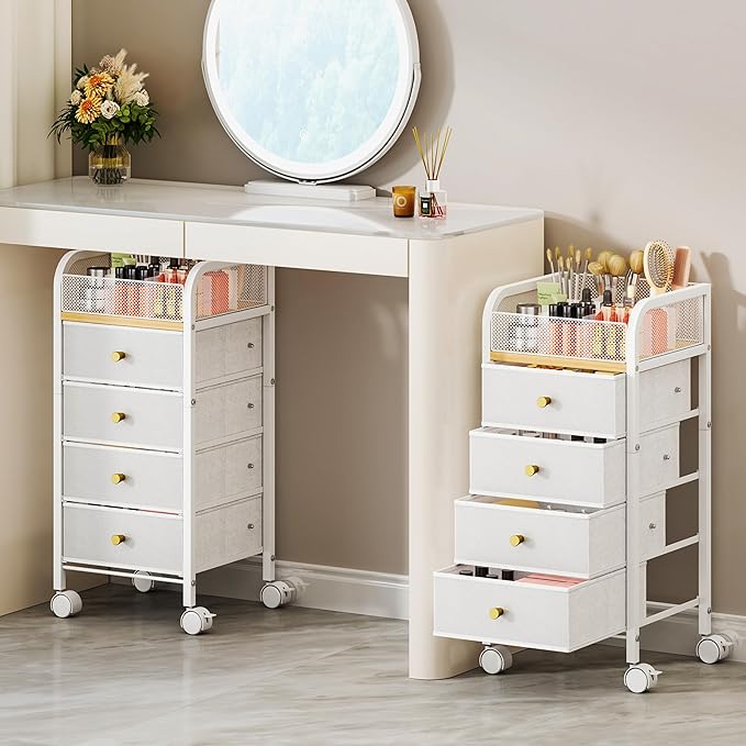 SWTYMIKI Rolling Makeup Organizer Cart - Floor Skincare Make Up Storage with 4 Non-woven Drawers, Vanity Organizer Cosmetic Display Cases Cabinet for Skin Care Perfume Nail Polish Brush Hair Tool