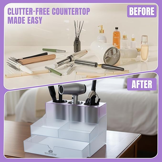 NovaHeavensNest Premium Vanity Hair Tool Organizer Translucent Frozen Acrylic | Large Bathroom Organizer Countertop & Drawer Storage for Hair Tools | Slip-Resistant Hairdryer & Curling Iron Holder