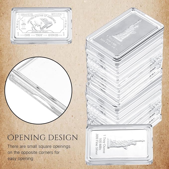 Batiyeer 50 Pcs 1 oz Silver Bar Case Holder Clear Acrylic Bar Capsule Storage Container for 1 Ounce Holder with Plastic Storage Box for Collectors Investors