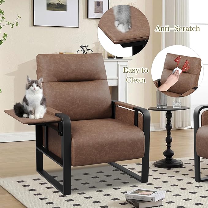 Modern Accent Chair with Tray Table PU Leather Upholstered Armchair for Bedroom Leisure Living Room Chairs Office Chair Dark Brown