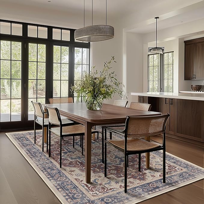 Maroon Blue 5x7 Area Rugs for Living Room, Transitional Distressed Washable Non Slip Bedroom Rug, Modern Vintage Medallion Low Pile Thin Carpet Rugs for Den/Dining Room/Kitchen/Home Office