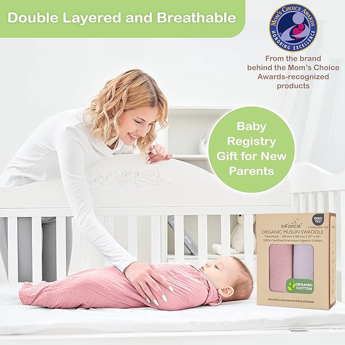 100% Organic Cotton Muslin Baby Blanket - 47 x 47 Inch Breathable Baby Swaddle Blanket, Hypoallergenic Double-Layer, Soft Newborn Baby Blanket for Everyday Use (Light Pink/Light Purple)