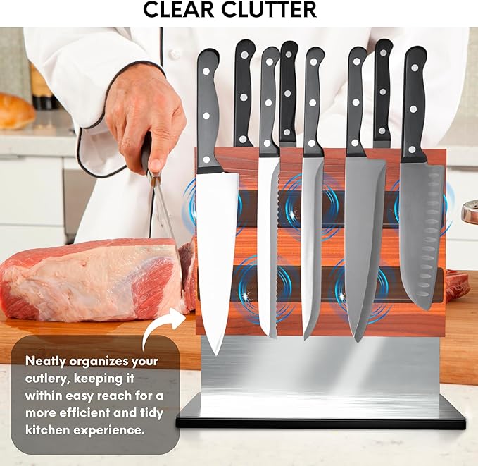 FOSSTA PRODUCTS Magnetic Knife Block – Acacia Wood Double-Sided Knife Holder with Steel Base & Strong Magnets, Modern Kitchen Knife Storage Stand (Knives Not Included)