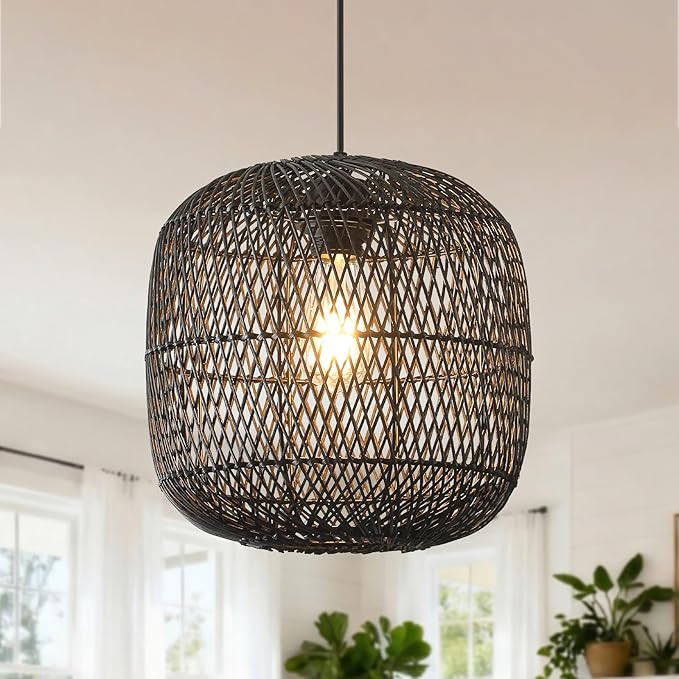 Black Rattan Pendant Light, 11in Rattan Chandelier Hand-Woven Wicker Hanging Lighting Fixtures Boho Pendants Lights for Kitchen Island Dining Room Bedroom Foyer Entrance