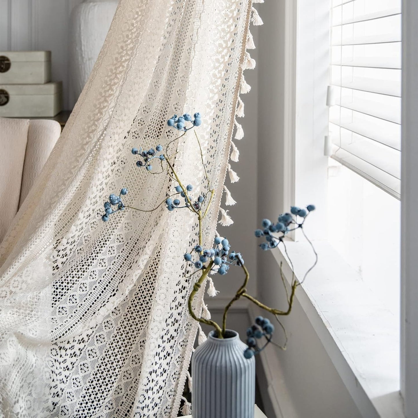 Boho Crochet Sheer Curtain — 84", Single Panel