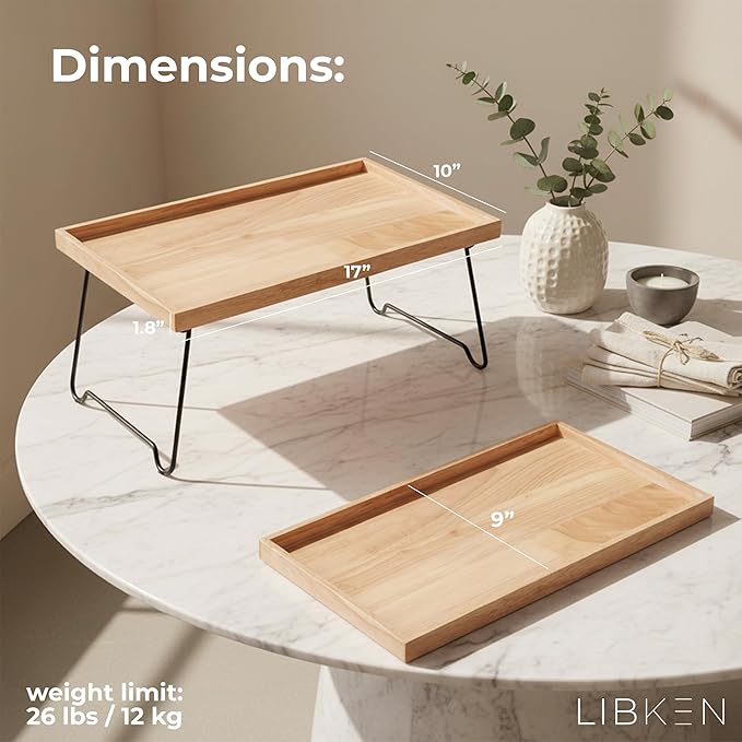 Rubberwood Serving Tray with Foldable Legs – Minimal Scandinavian Design Bed Tray Table – Elegant Wooden Breakfast in Bed Tray, Food Serving Tray for Eating, Snacks, Reading & Laptop Use