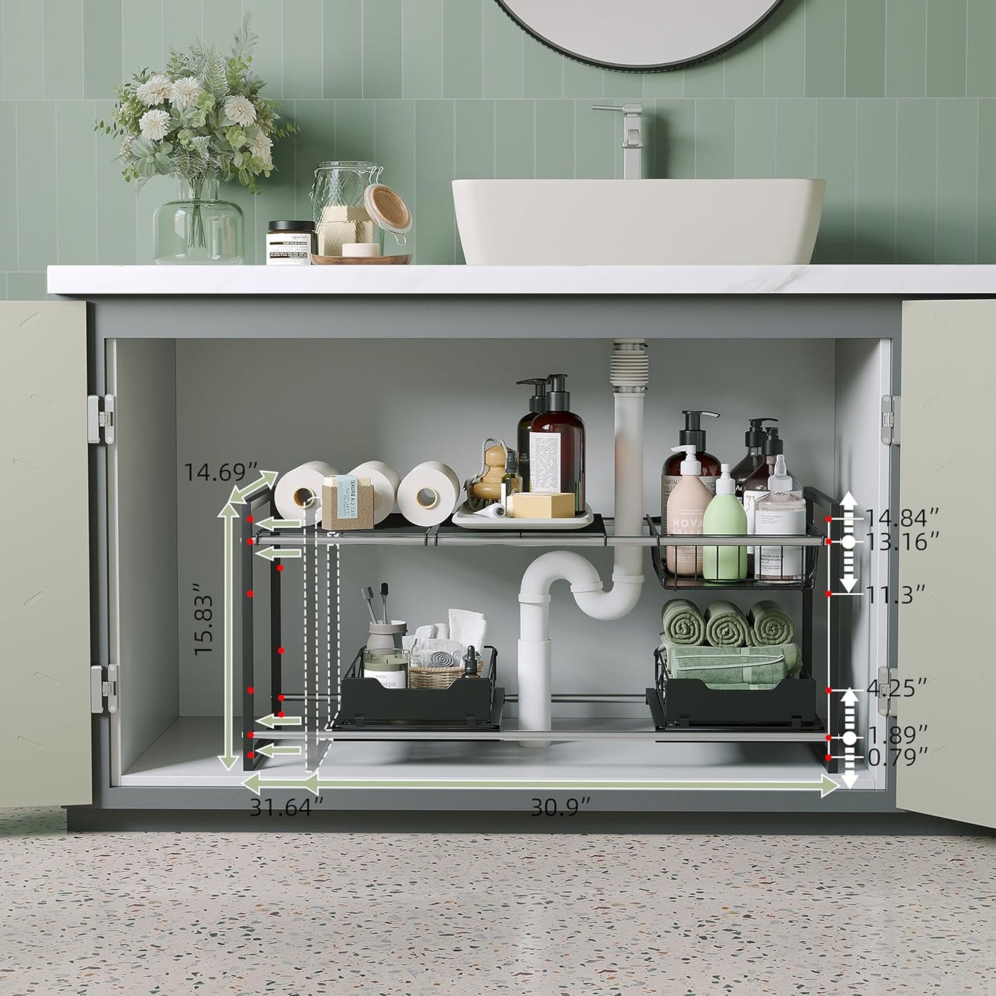 Under Sink Organizers and Storage,Kitchen Cabinet Organizer,2 Tier Under Sink Expandable Shelves，Bathroom Cabinet Organizer with Pull Out Drawers,(30.9-31.64)" W x 14.69" D x 15.83" H,Black