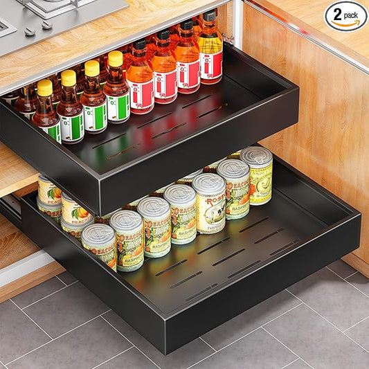 2Pack Pull out Cabinet Organizer, 21"Deep, 20"Wide Full-extension Heavy Duty Slide out Drawers Fixed with Adhesive Nano, Roll Out Shelves Sliding Cabinet for Kitchen,Bathroom,Pantry,Under Sink(Black)