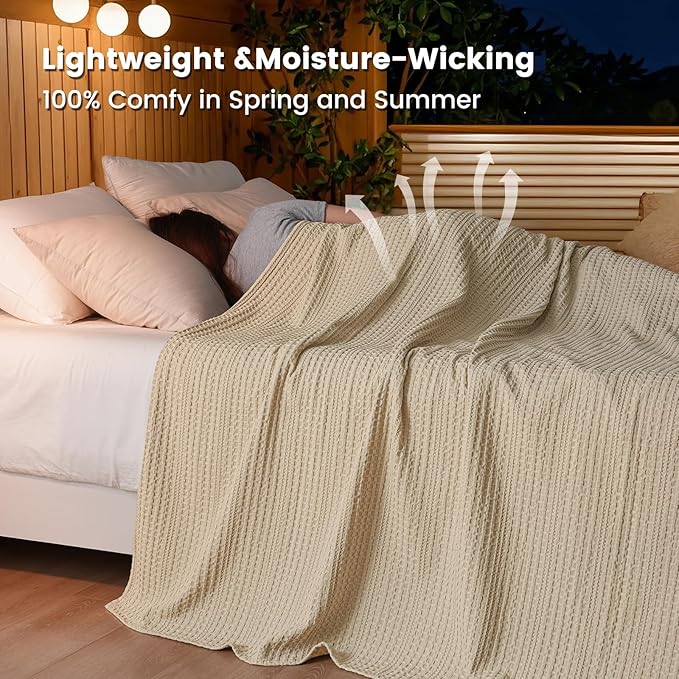 PHF Lightweight Waffle Weave Blanket Queen Size 90"x 90", Soft Woven Summer Blanket for Hot Sleepers - Aesthetic Home Decor for Couch Bed Sofa, Pet Friendly, Khaki