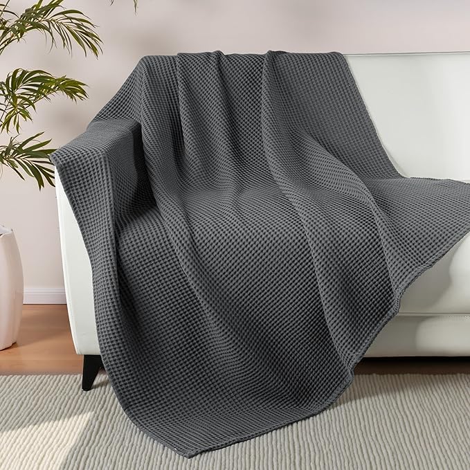 Exclusivo Mezcla 100% Cotton Waffle Weave Throw Blanket, Soft, Lightweight and Breathable Muslin Gauze Blanket for Couch, Sofa, All Season, 50"x70", Dark Grey