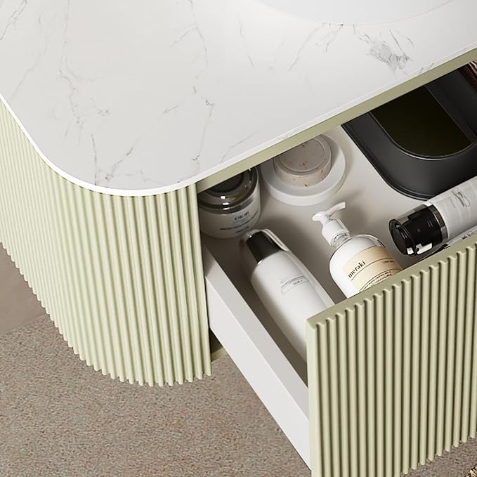KEIKI 24" Bathroom Vanity Cabinet with Sink Combo, Wall Mounted Curved Edges Striped Floating Bathroom Vanity with Soft-Close Drawer, White Round Ceramic Basin Without Faucet, Light Green