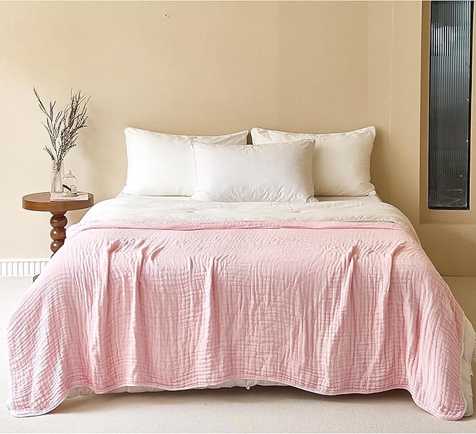 SANACYNA 100% Cotton Muslin Blanket King 6-Layer Gauze Pink Bed Blanket Lightweight Soft and Breathable Blanket for Sofa Couch Coverlet Farmhouse Decor Both Sides (Pink, King 90" X 104")