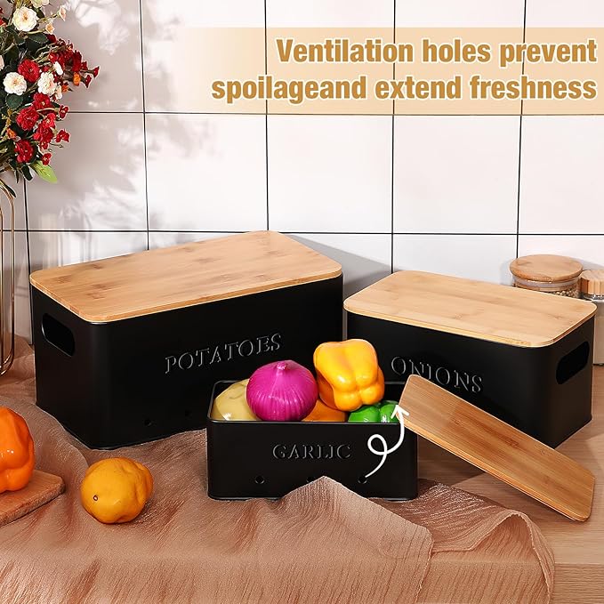 Honeydak 3 PCS Potato Onion Garlic Storage Bins Set, Metal Vegetable Keeper Containers with Lids Aerating Holes for Kitchen Counter Pantry Keep Fresh Longer Farmhouse for Sweet-potato Fruit(Black)