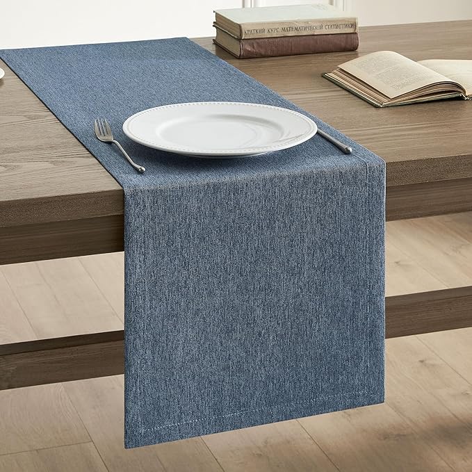 ZeeMart Basic Linen Style Table Runner, 14 x 90 Inch Navy Blue, Rustic Farmhouse Blue Table Runners 90 Inches Long, Everyday Polyester Table Runner - Machine Washable & Easy Care