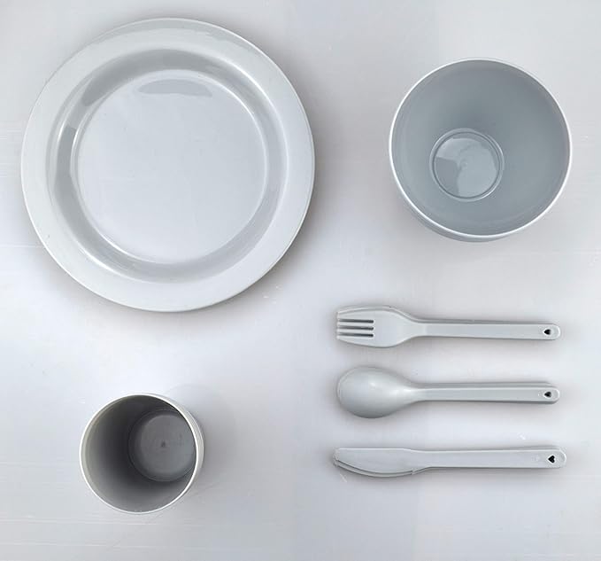 Plastic Plates and Bowls Sets,College Dorm Room Essentials Dishes Set Camping Plates,Dinnerware Accessories Mess Kit-Microwaveoven Safe BPA-Free with Mesh Bag-24PCS