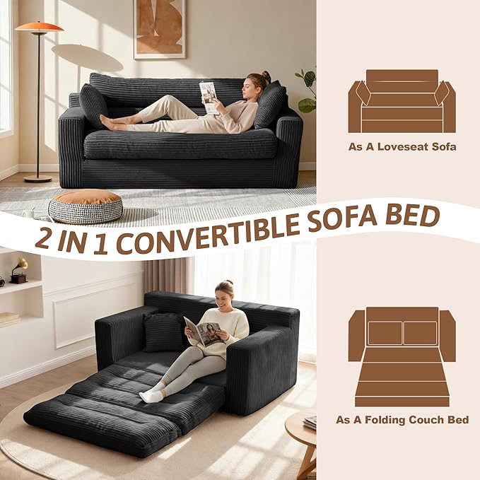Convertible Sofa Bed, Pull Out Boneless Couch Loveseat Floor Sofa Bed with Pillows, 2-Seater Folding Sofa Loveseat Boneless Couch for Living Room, Bedroom, Apartment, Office (Black)