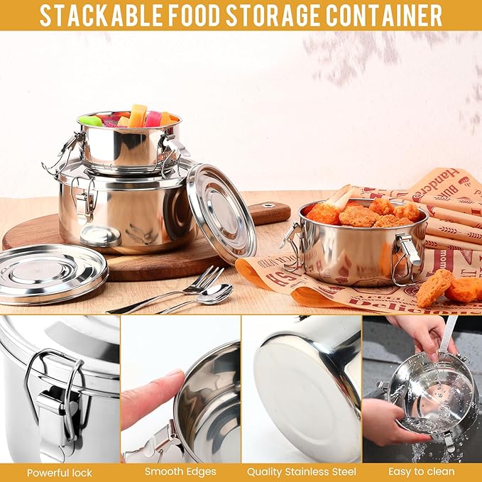 3 Pcs Small Stainless Steel Bento Box Reusable 304 Stainless Steel Food Storage Containers with Lockable Clips to Leak Proof, Dishwasher Safe(54 Oz, 74 Oz, 101 Oz)