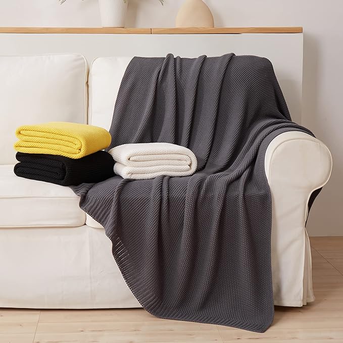 Longhui bedding Dark Grey 100% Cotton Lightweight Cable Knit Throw Blanket for Couch Sofa Bed Home Large Decorative, Bonus Laundering Bag, Dark Gray 60 x 80 Inch, Machine Washable