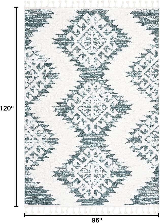 SAFAVIEH Area Rug 8x10 - Moroccan Tassel Shag Collection - Large - Green & Ivory, Boho Design, Non-Shedding & Easy Cleaning, Plush Pile, Ideal for Living Room, Bedroom, Dining Space (MTS652Y)