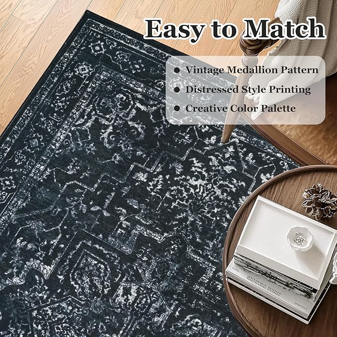 Vintage Black Washable Area Rugs 5x7 for Living Room, Distressed Medallion Printed Rugs for Bedroom, Non Slip Washable Low Pile Thin Carpet Rugs for Dining Room/Kitchen/Foyer/Home Office