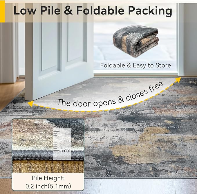 Washable Area Rugs 6'x9' Non-Slip Modern Abstract Soft for Living Room Entryway Bedroom Nursery, Print Pattern, Charcoal Brown