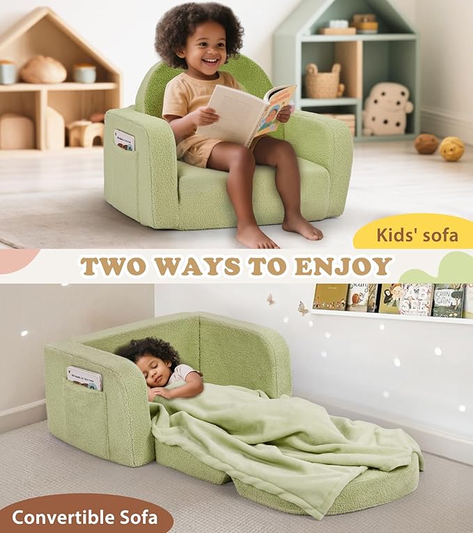 Kids Couch, 2-in-1 Soft Toddler Couch Fold Out with Blanket, Comfy Toddler Chair, Convertible Sofa, Gifts for Kids Girl Boys, Medium Green Rainbow
