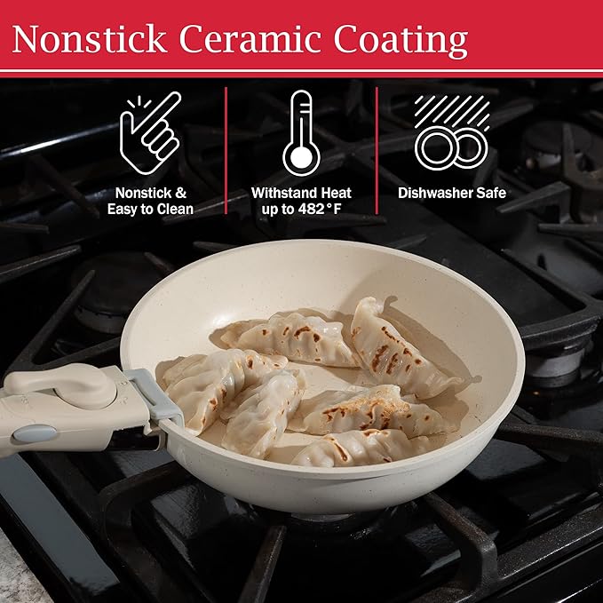 8-Piece Pots and Pans Set - Nonstick Cookware Set with Detachable Handle, Lids, Spatula, and Steam Pan - Kitchen Essentials by Home-Complete (Cream)