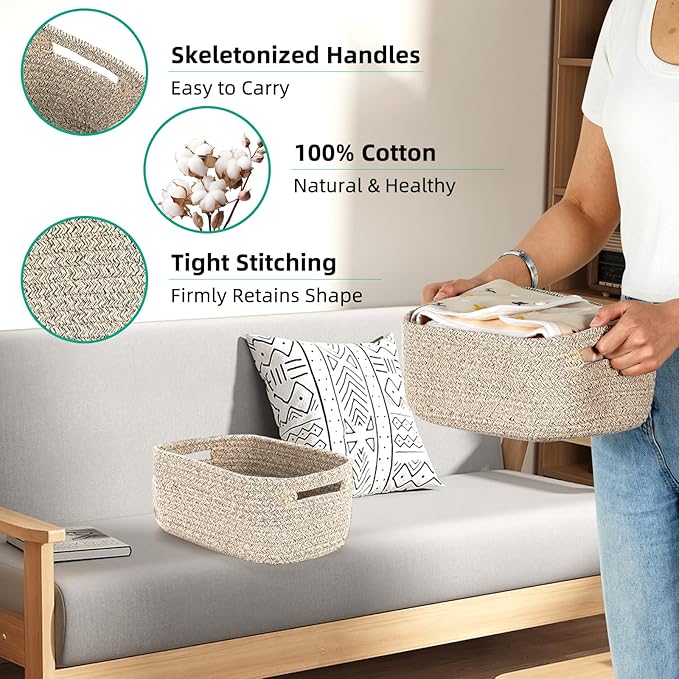 Bidtakay Small Cotton Rope Storage Baskets for Organizing 3 Pack Woven Baskets for Storage Closet Organizer Bins for Shleves 11.8×7.8×5 inch Cute Boho Decorative Basket with Handles - Light Tan