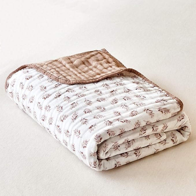 Muslin Throw Blanket 100% Cotton 6-Layer Gauze Floral Pattern Cooling Blanket Lightweight Soft Breathable Quilt for All Season Both Sides for Sofa Couch (Leaves Tan, Throw 50"x60")