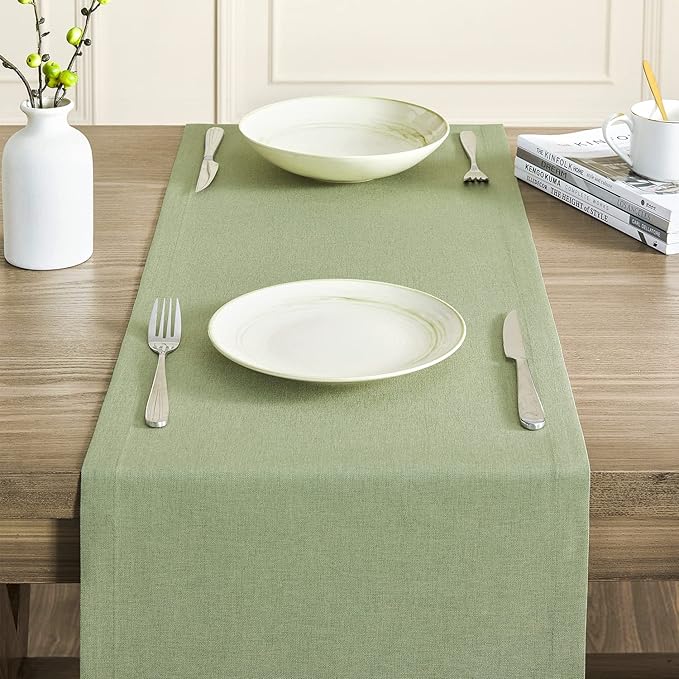 ZeeMart Basic Linen Style Table Runner, 14 x 60 Inch Sage Green, Rustic Farmhouse Green Table Runners 60 Inches Long, Everyday Polyester Table Runner - Machine Washable & Easy Care